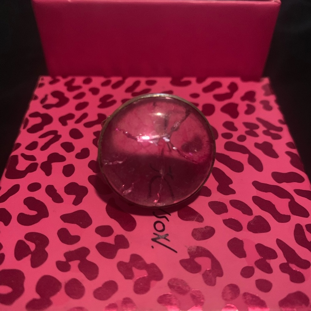 Pink crackle glass dome & sterling silver ring, vintage.